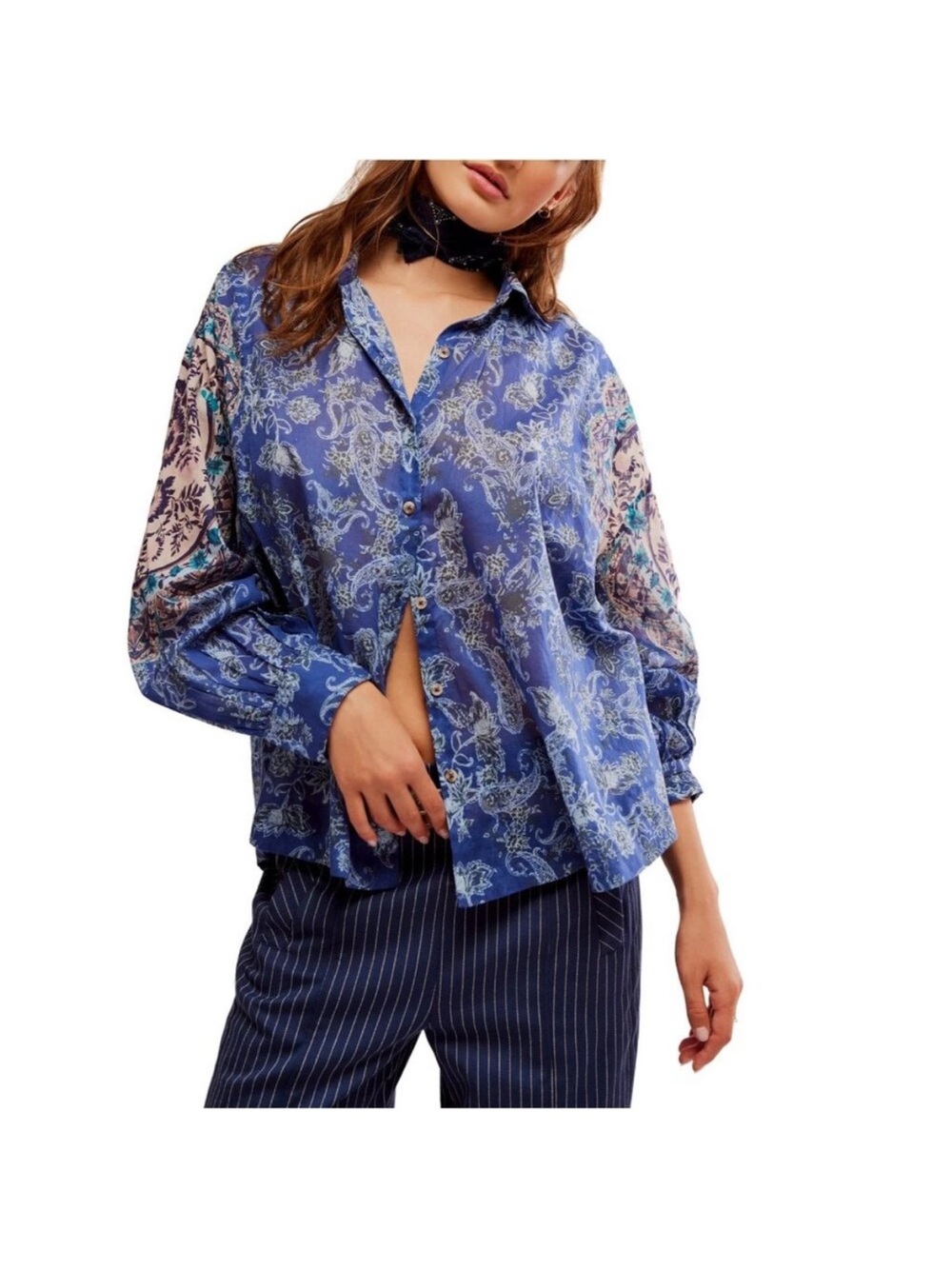 Free People Blue Paisley Button-Down Shirt